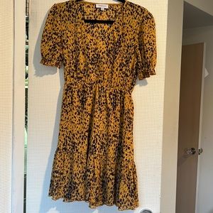 Gilli Yellow flowy spring dress with navy black and mauve print. Size S